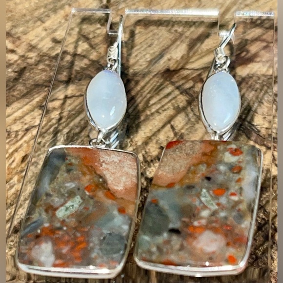 Rainbow Moonstone & Red Jasper Earrings 2 1/2” - Picture 2 of 13